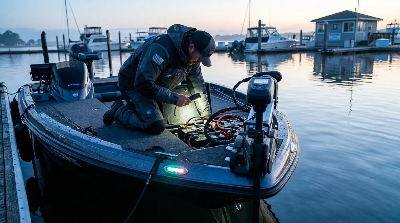 Boat owner inspecting trolling motor wiring and battery system