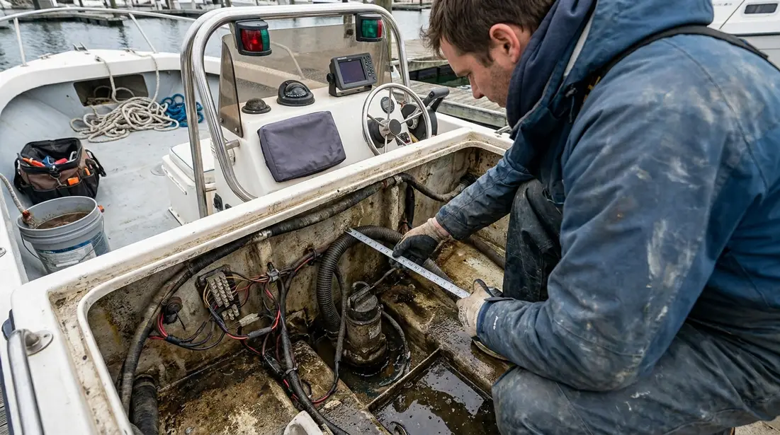 Boat owner measuring bilge area and hose routing