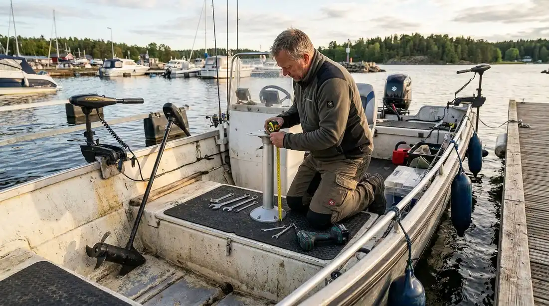 Boat owner measuring helm seat base for retrofit