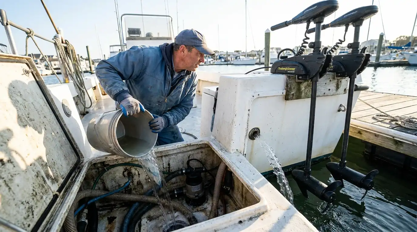 Boat owner pouring clean water into bilge while checking overboard discharge outlet