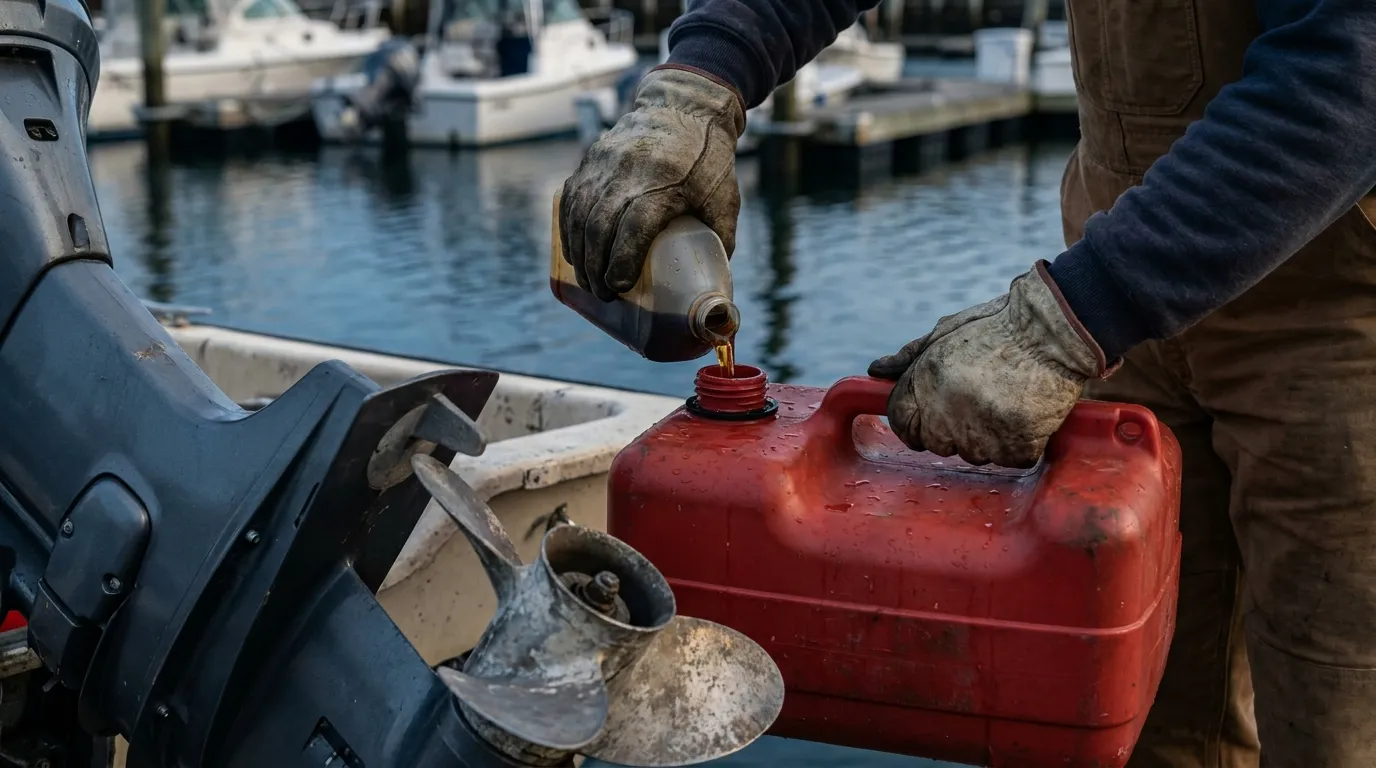 Boat owner pouring marine fuel conditioner into portable fuel tank at a marina