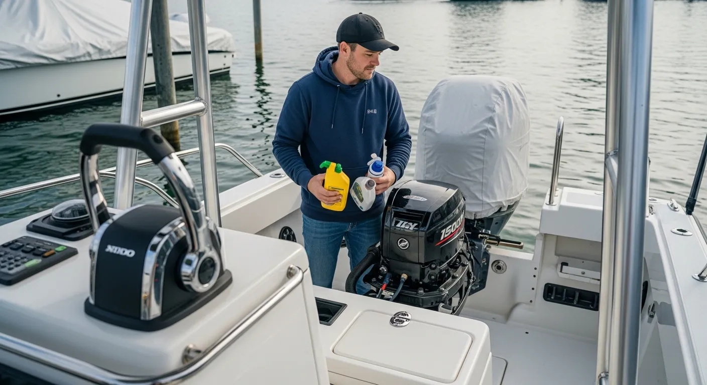 Boat owner preparing an outboard for winter