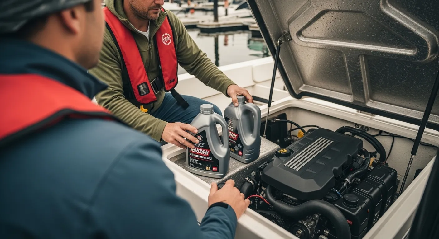 Boat owner reviewing fluid labels near engine compartment