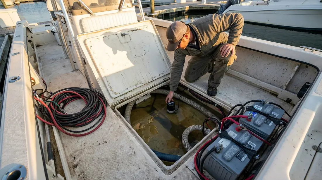 Boat owner testing an automatic bilge pump with water in the bilge