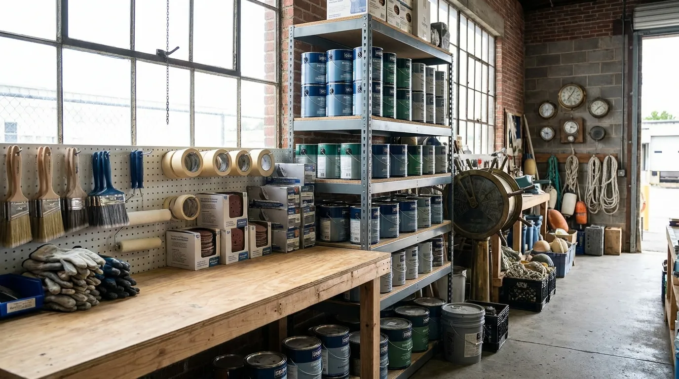 Boat painting supplies laid out on a workbench