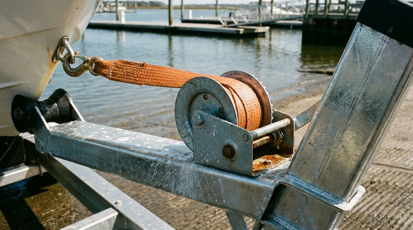 Boat trailer winch and strap under load
