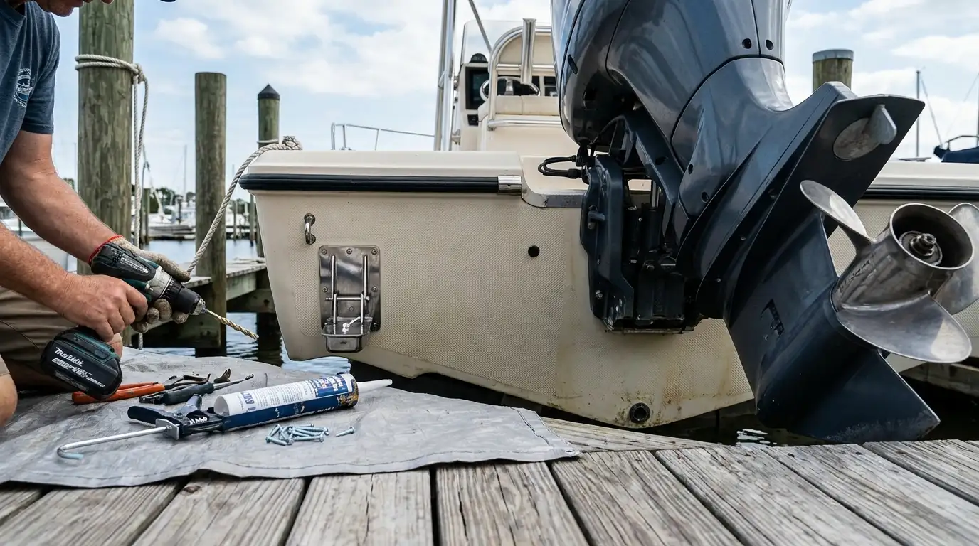 Boat transom with mounted transducer near waterline