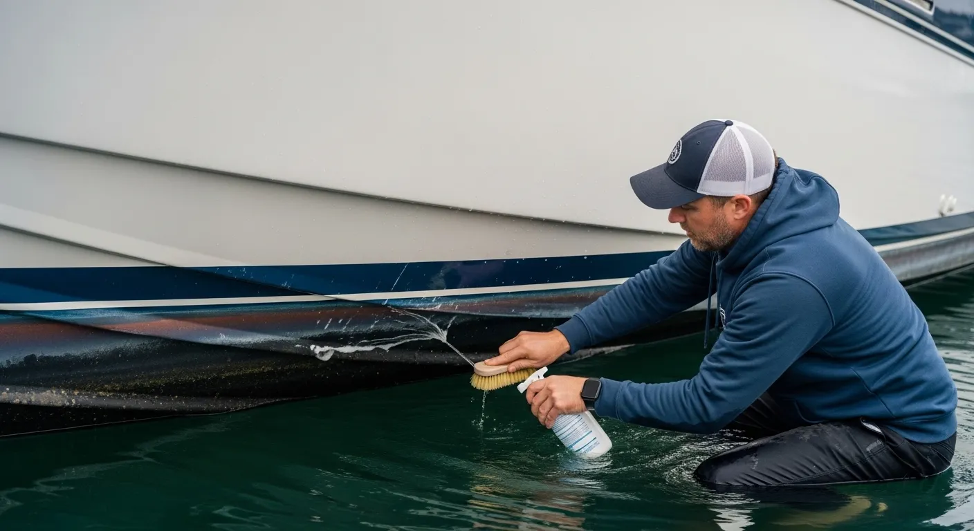 Boater cleaning hull safely with soft brush
