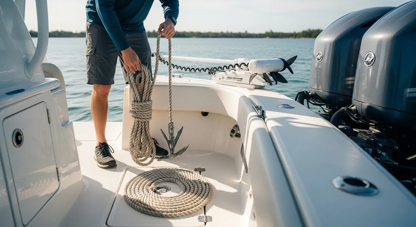 Boater deploying a kedge anchor from the stern