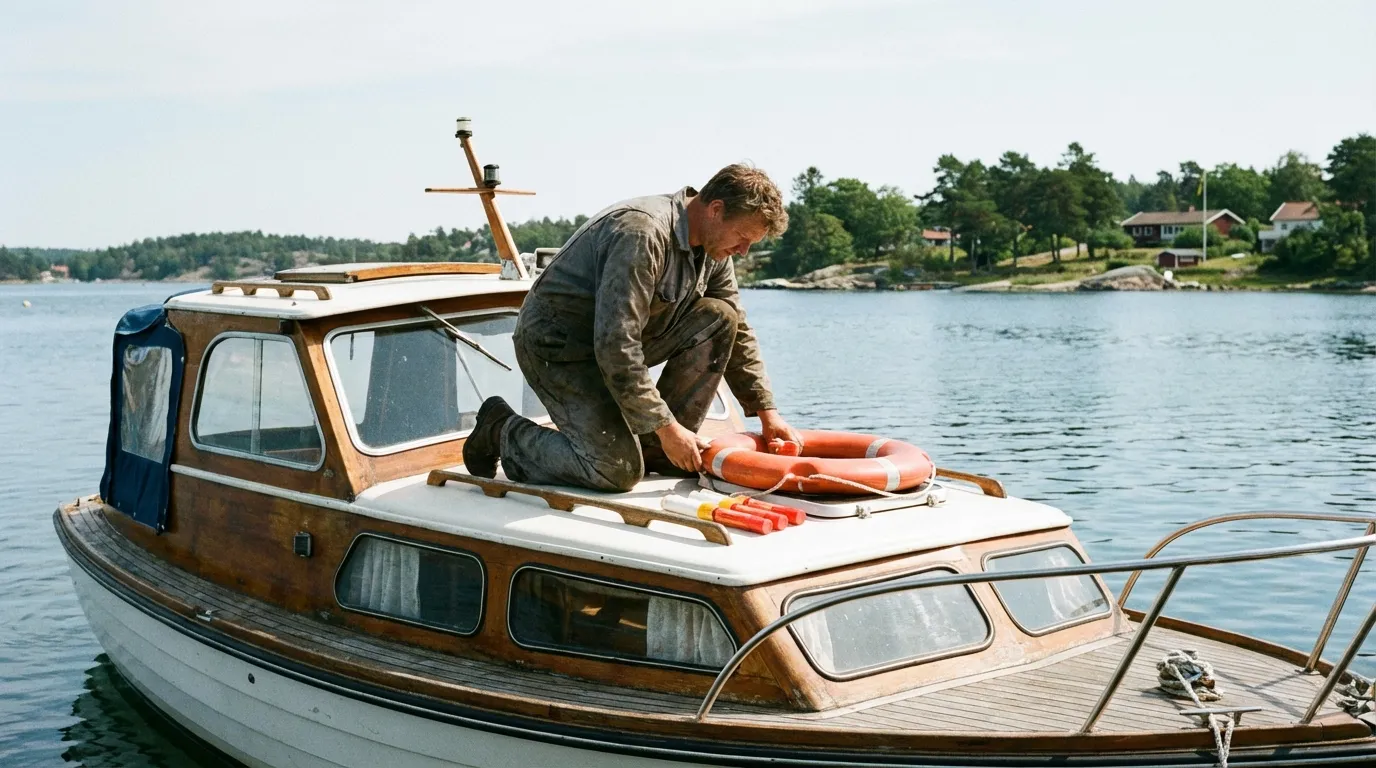 Boater inspecting safety gear on deck