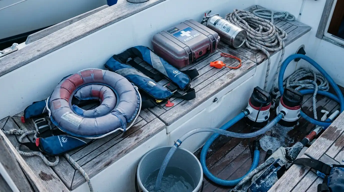 Boating safety gear laid out on a clean boat deck