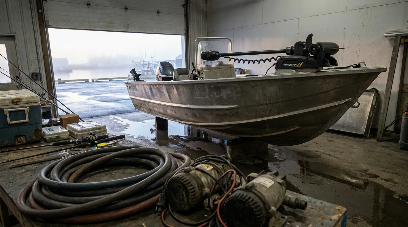 Bow mount trolling motor on a small fishing boat