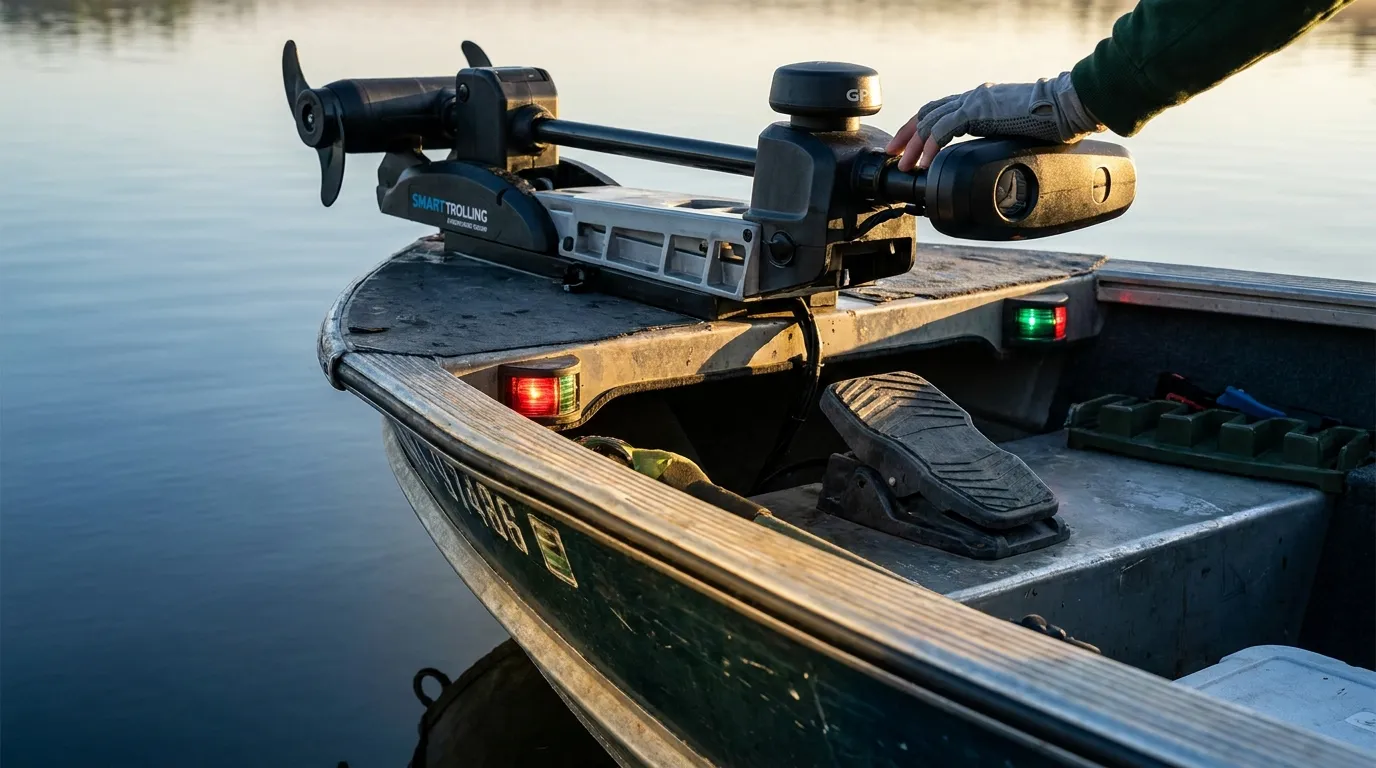 Bow-mounted smart trolling motor on a modern fishing boat