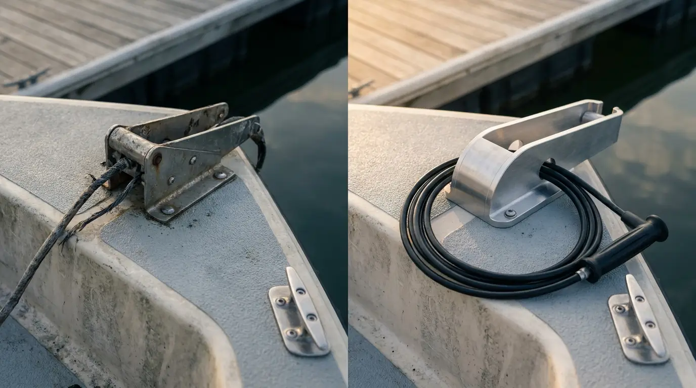 Bow-mounted trolling motor on a fishing boat deck