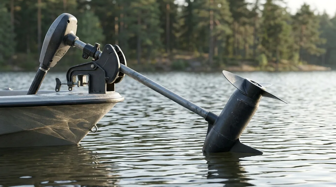 Bow-mounted trolling motor on a fishing boat in light chop