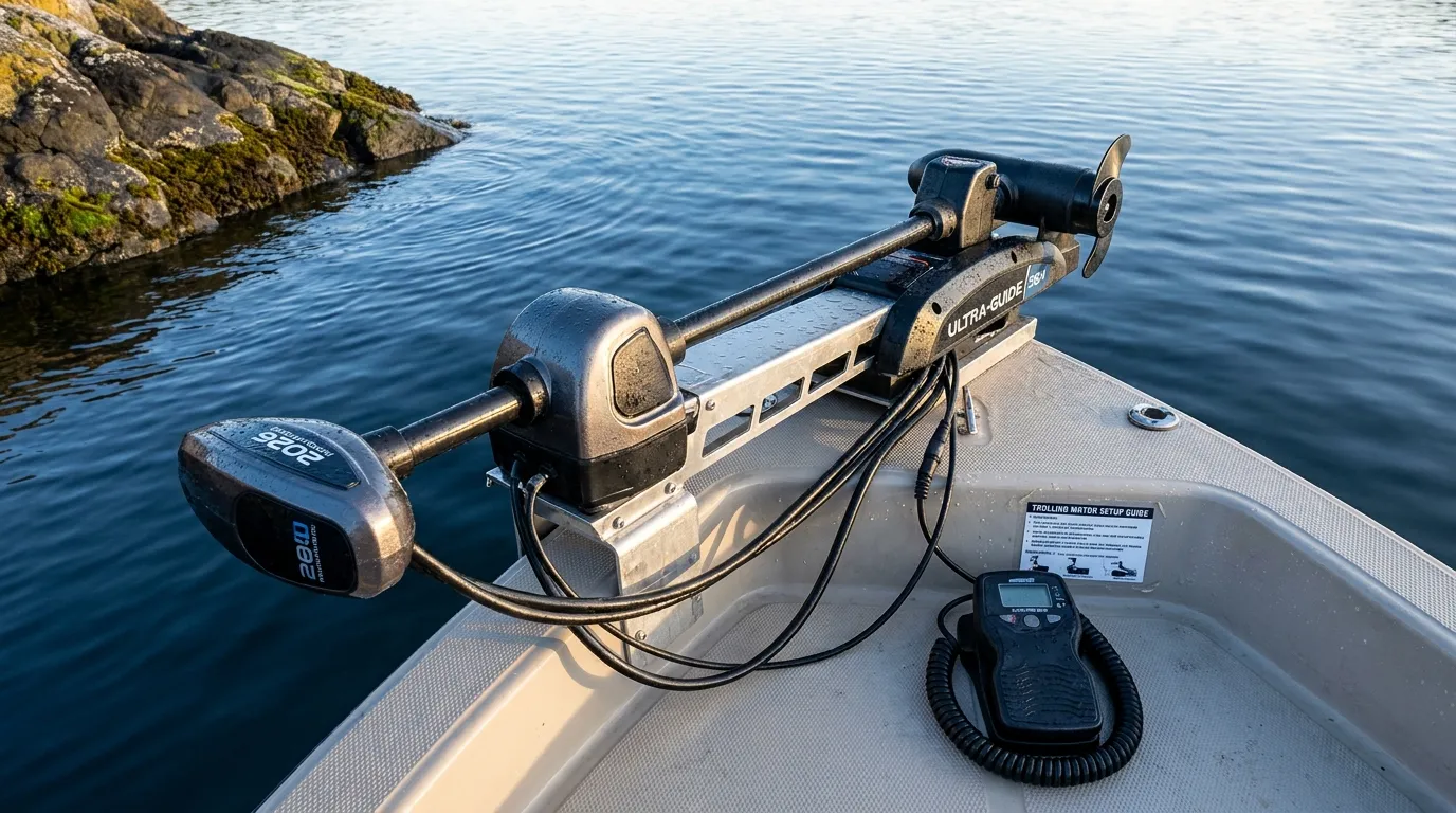 Bow-mounted trolling motor using GPS anchor near a rocky fishing point