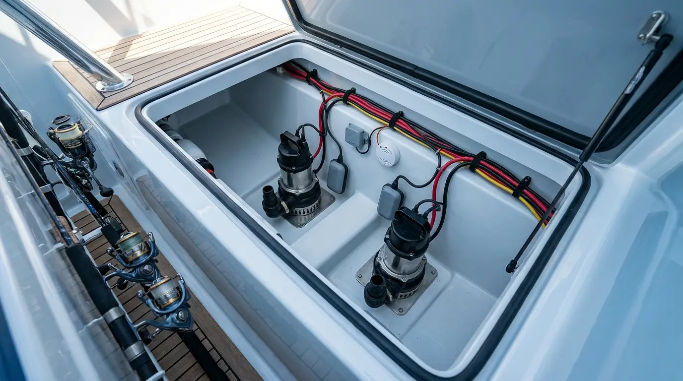 Clean bilge compartment with dual pump system and alarm sensor