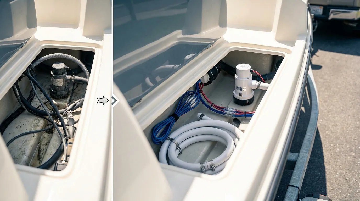 Clean bilge pump installation with organized wiring and discharge hose on a recreational boat