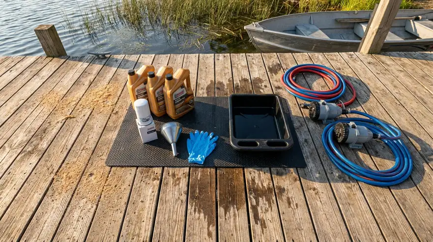 Clean boat maintenance setup with oil change tools