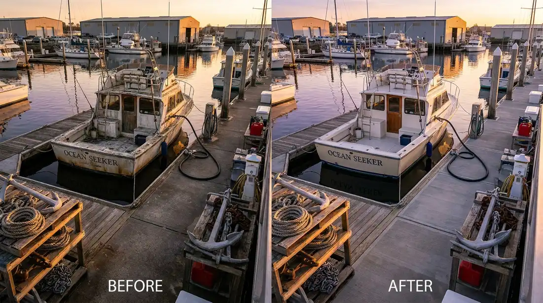 Clean marina fuel dock with recreational fishing boat at sunrise