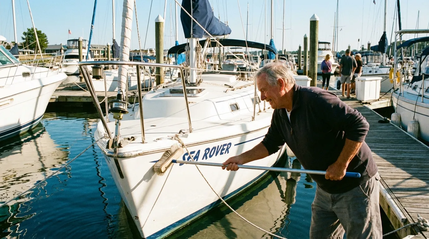Cleaning a fiberglass boat hull at the dock