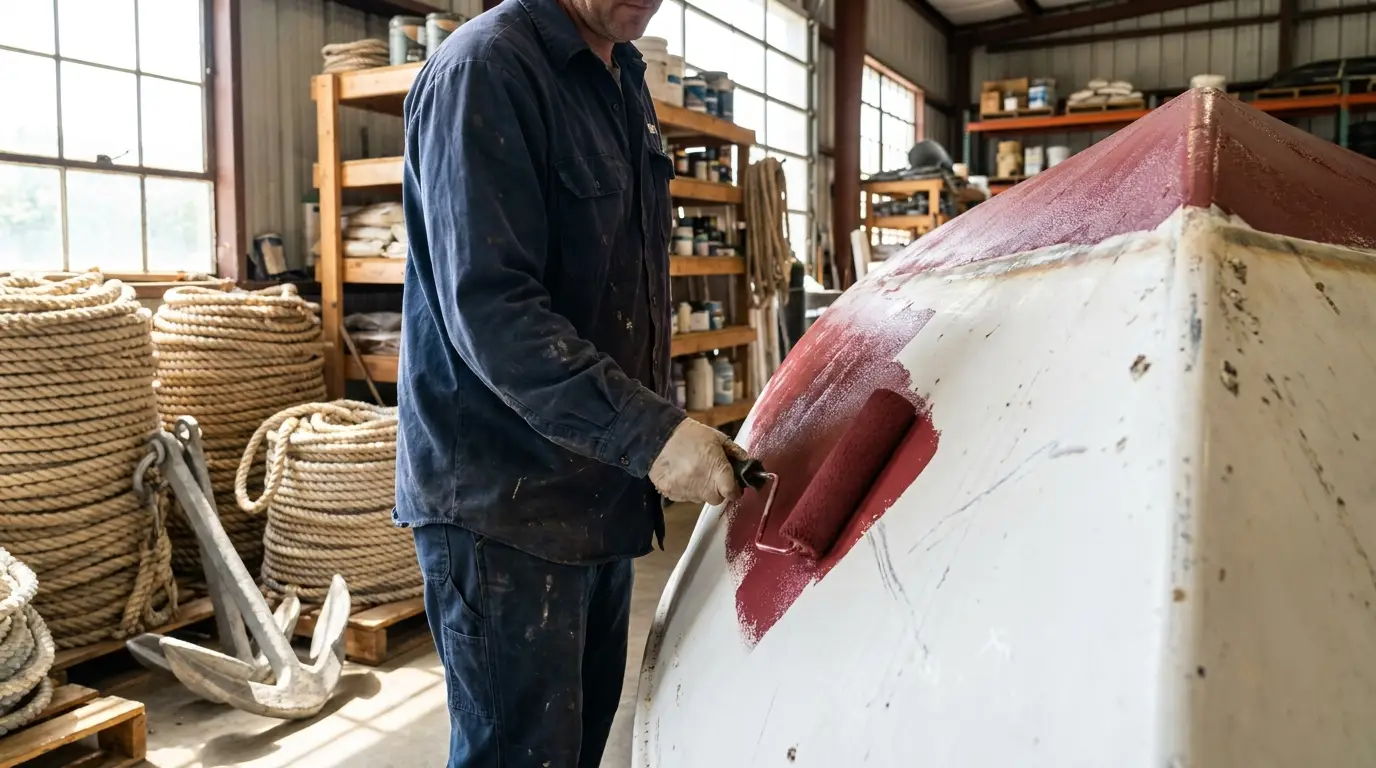 Close-up of antifouling paint roller coating a boat hull