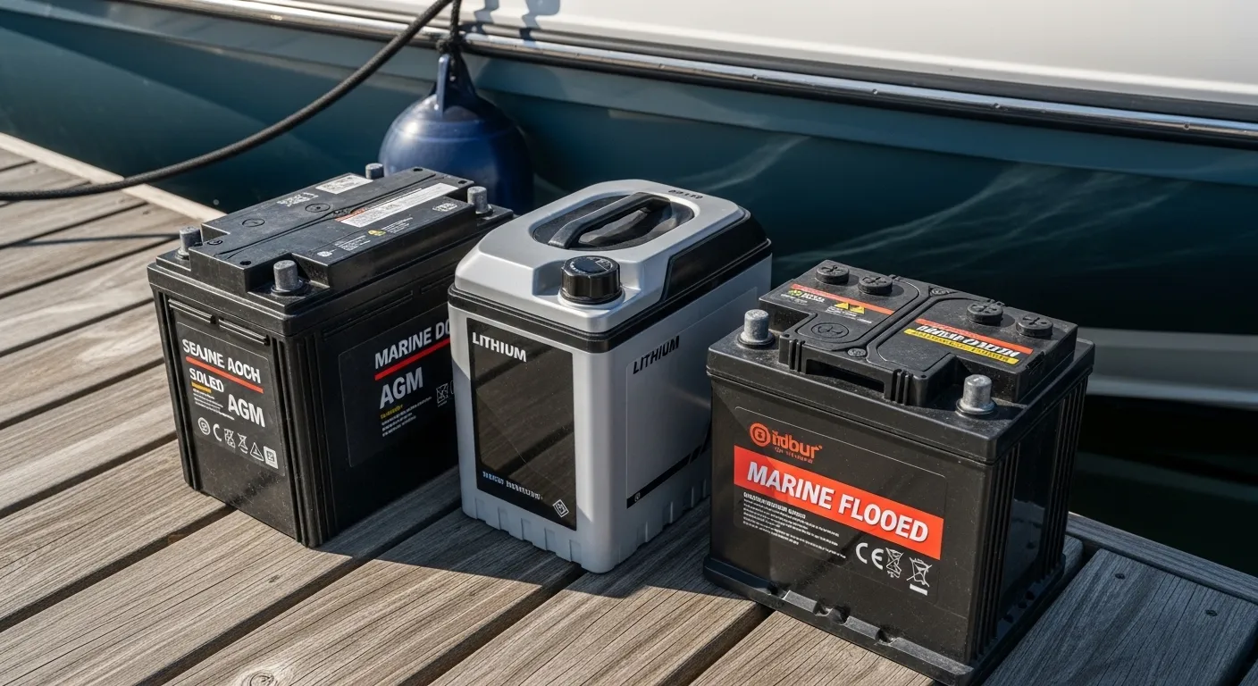 Close-up of different marine battery types on a dock