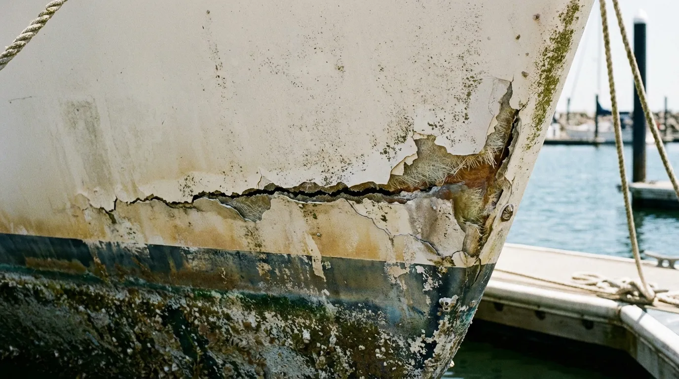 Close-up of fiberglass boat hull crack