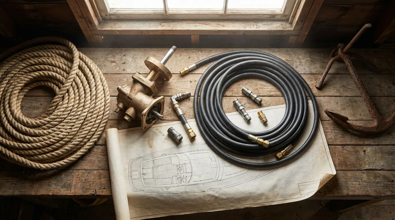 Close-up of hydraulic steering components and marine hoses
