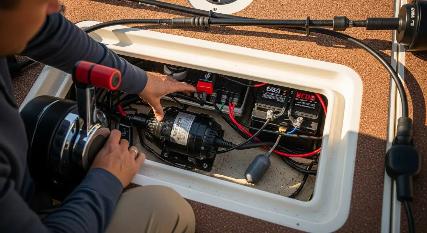 Close-up of marine bilge pump and battery inspection