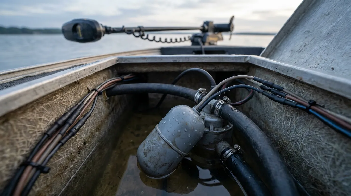 Close-up of marine bilge pump float switch and wiring