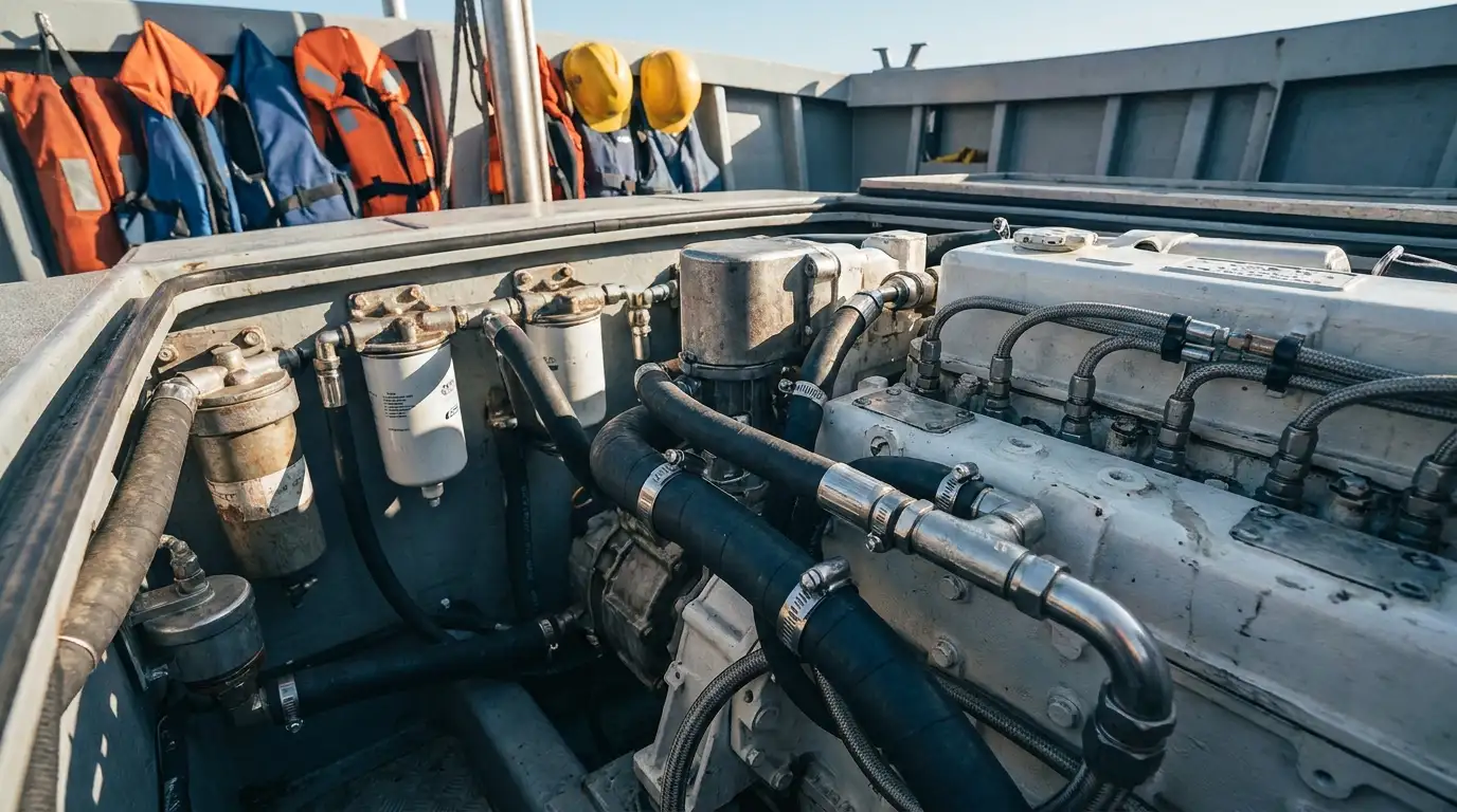 Close-up of marine fuel system parts and filters on a boat engine