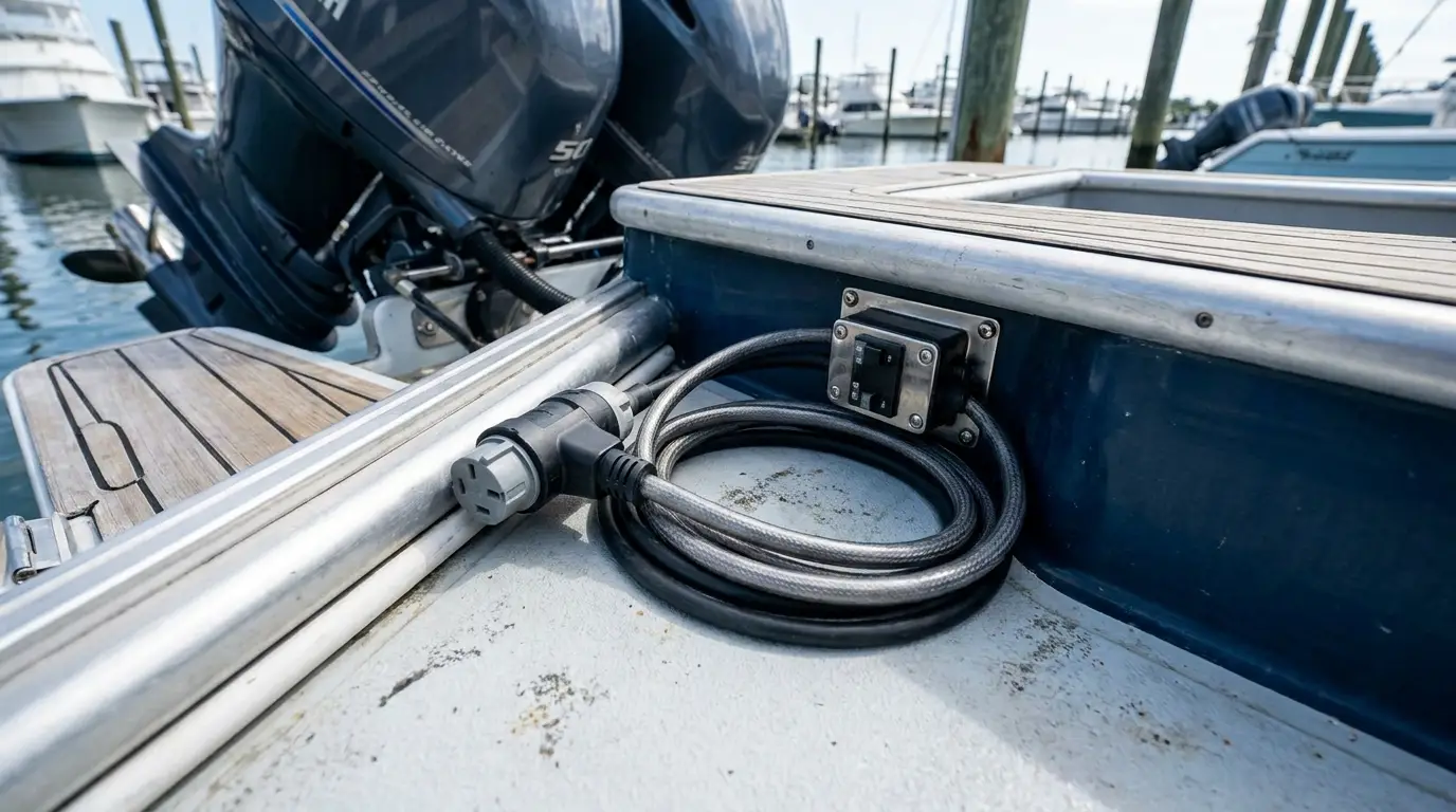 Close-up of trolling motor wiring and power plug installation
