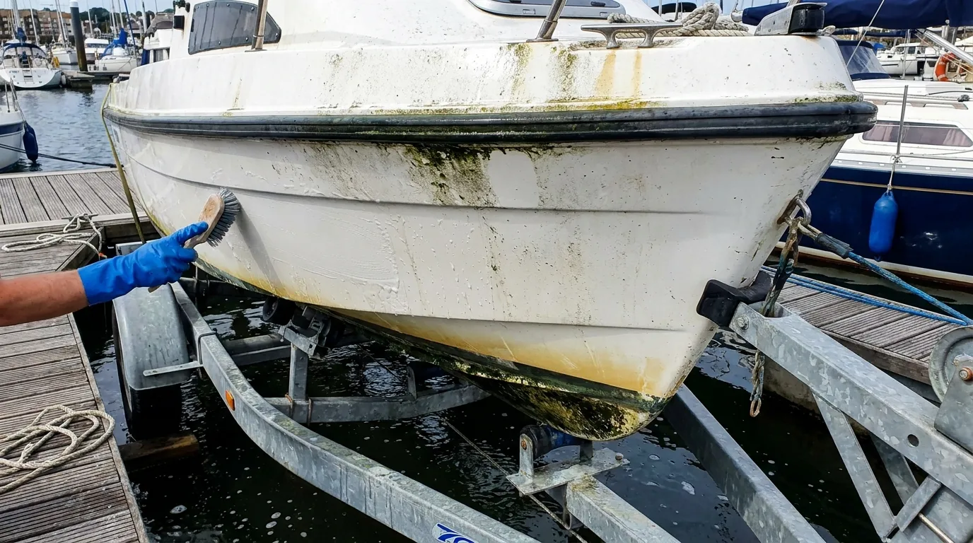 Close view of a fiberglass boat hull with visible algae slime, waterline stains, and sections being cleaned by hand