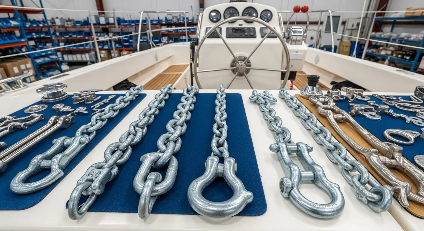 Close view of anchor rode, chain, and marine hardware