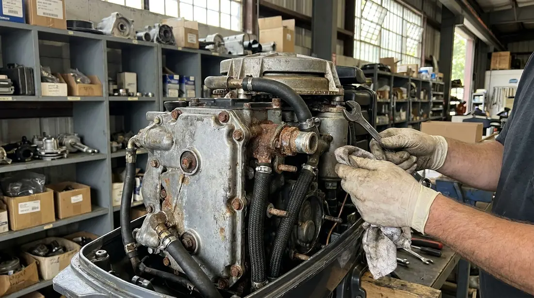 Close view of marine engine corrosion inspection