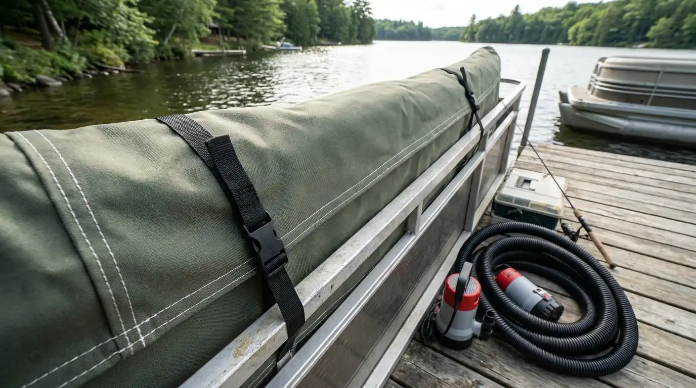 Close view of pontoon cover fabric and straps