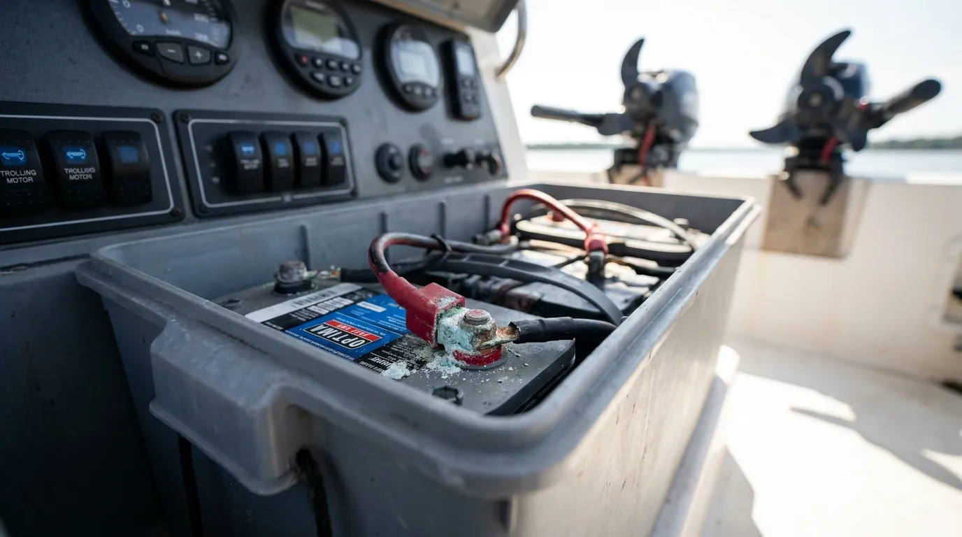 Corroded marine battery terminal in a boat compartment