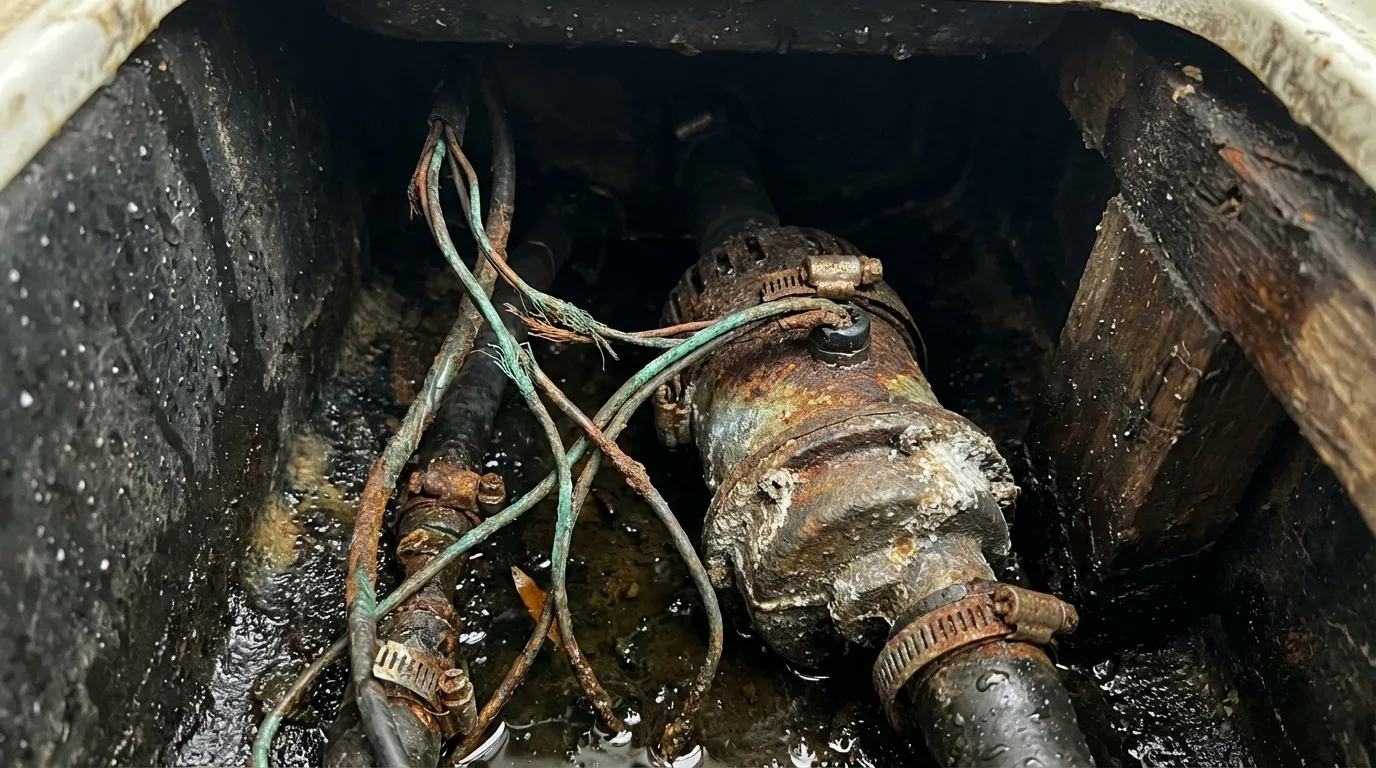 Corroded marine wiring near bilge pump