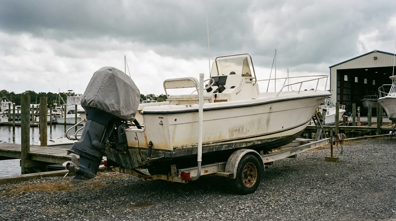 Covered boat with outboard motor in storage