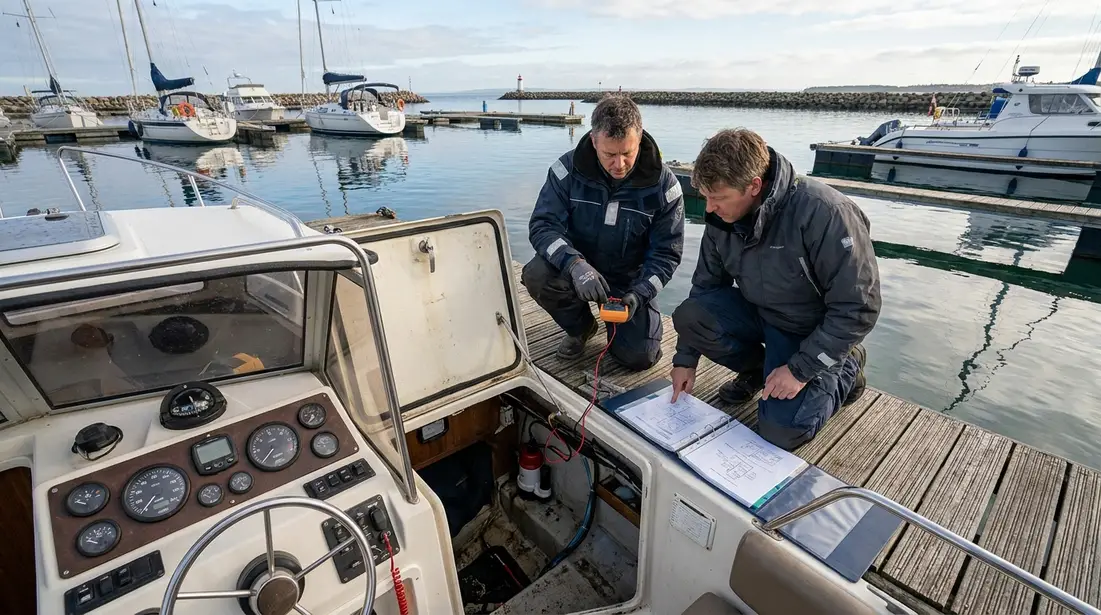 Crew checking bilge water during a dockside safety inspection