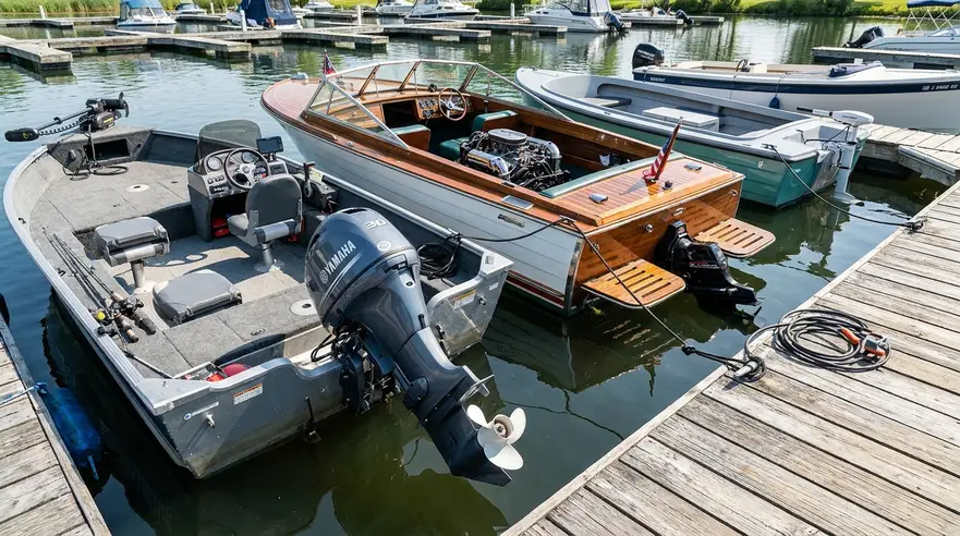 Cutaway view of marine propulsion systems on different boats