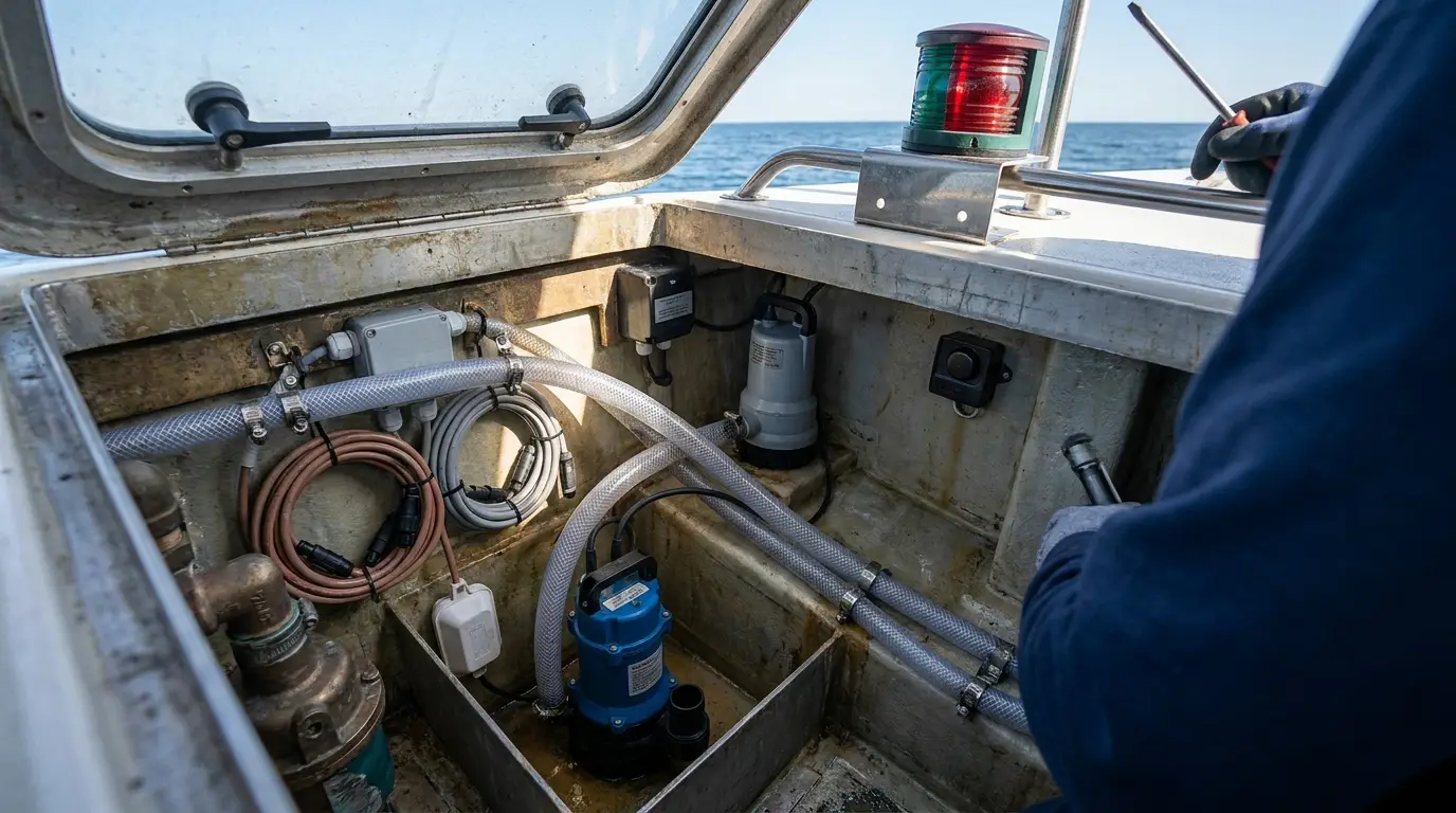 Dual bilge pump setup with float switch and alarm in boat compartment