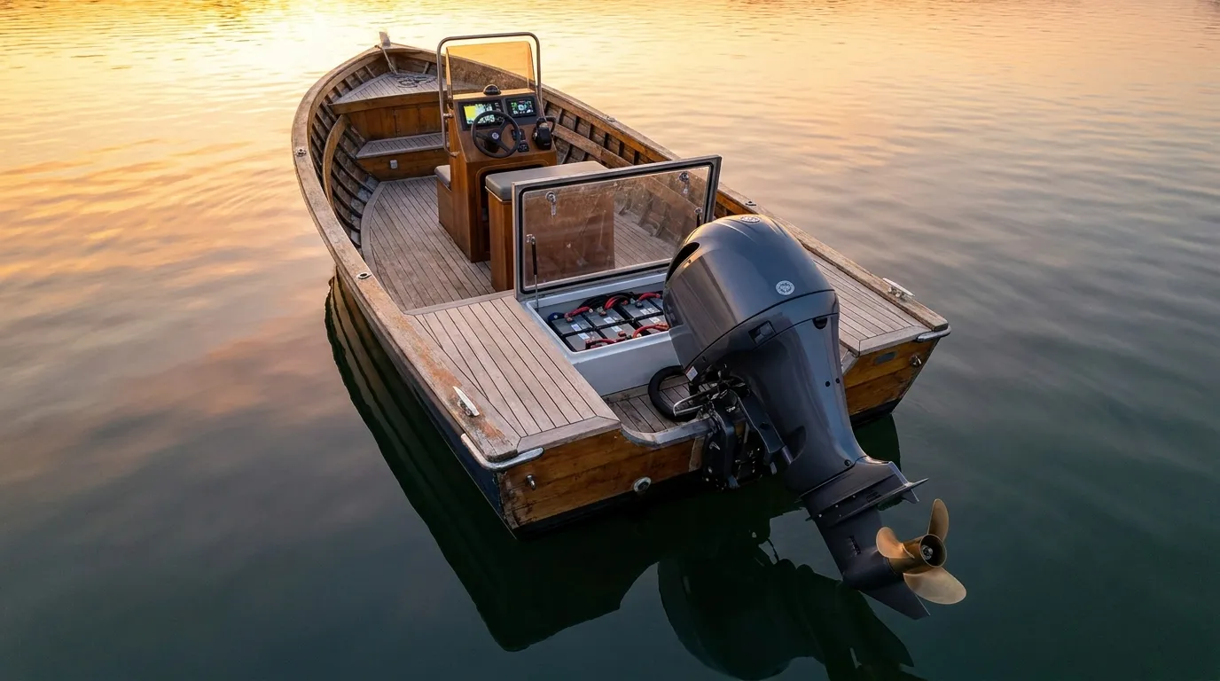 Electric outboard on a small fishing boat at sunrise