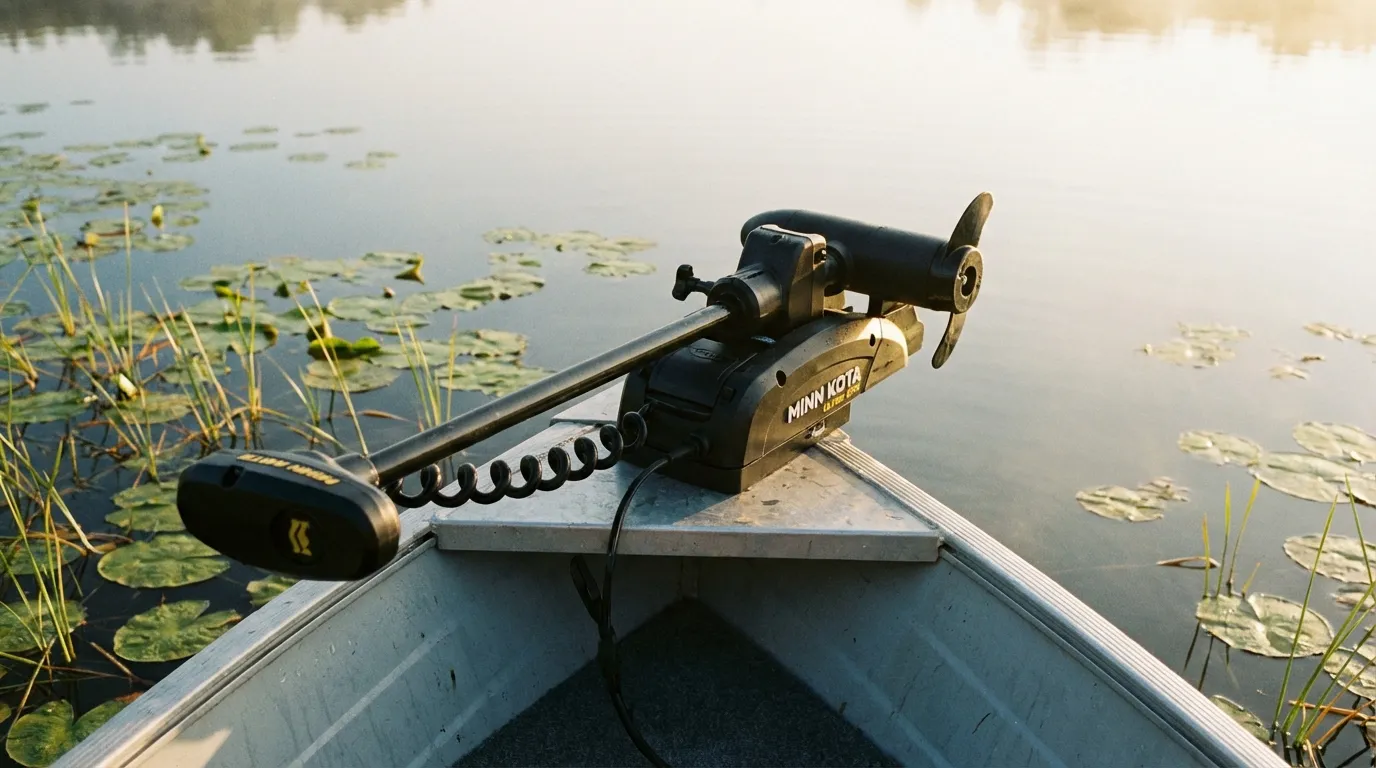 Electric trolling motor on fishing boat