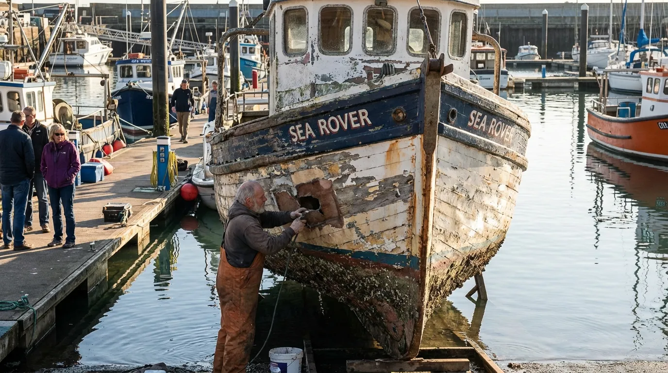 Emergency marine repair on fishing boat