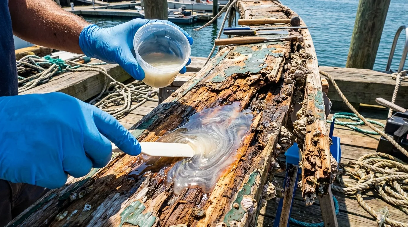 Epoxy being applied to rotten marine wood