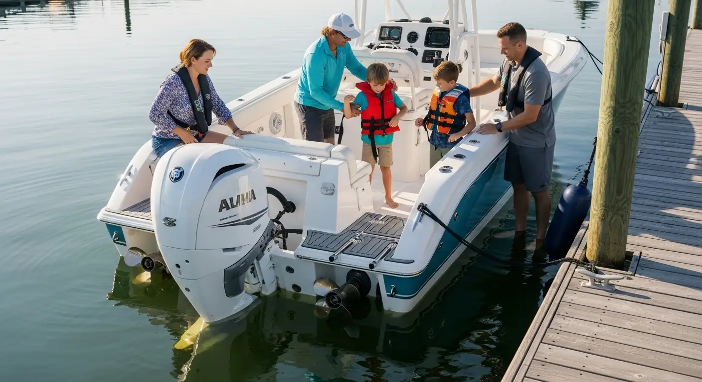 Family checking life jackets on a center console boat