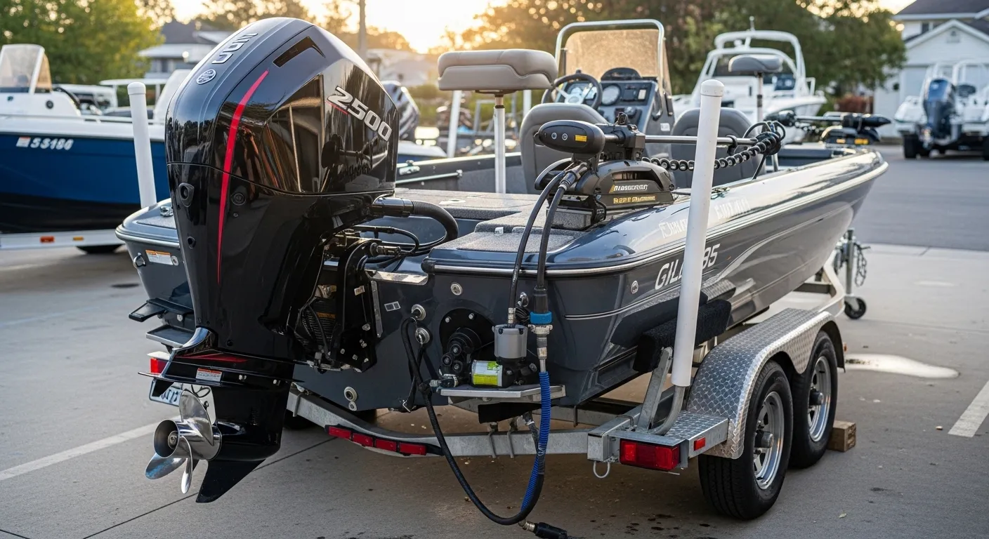 Fishing boat with modern outboard and electric motor options at sunrise on calm water