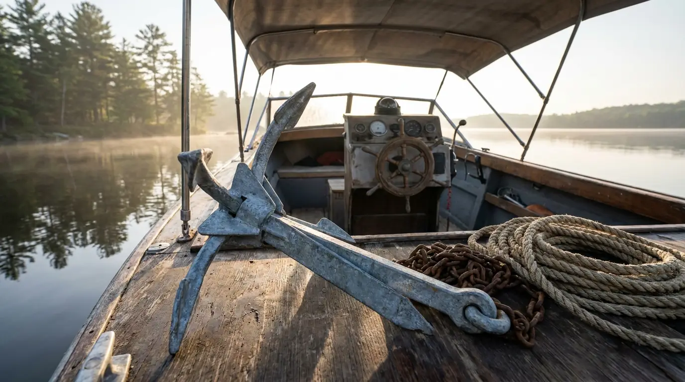 Folded grapnel anchor on small fishing boat deck